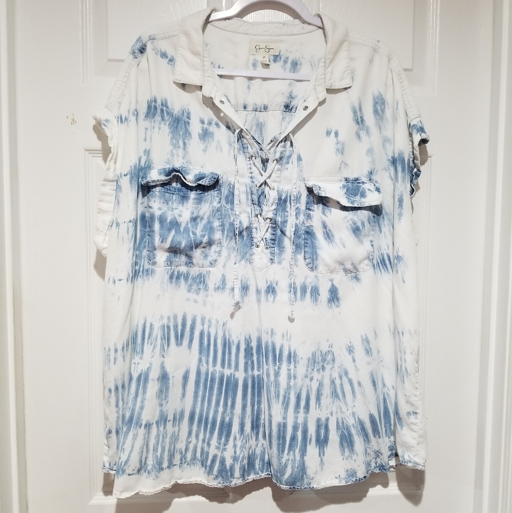Jessica Simpson White & Blue Chambray Bleached Tie Dye Lace Up Criss Cross Front